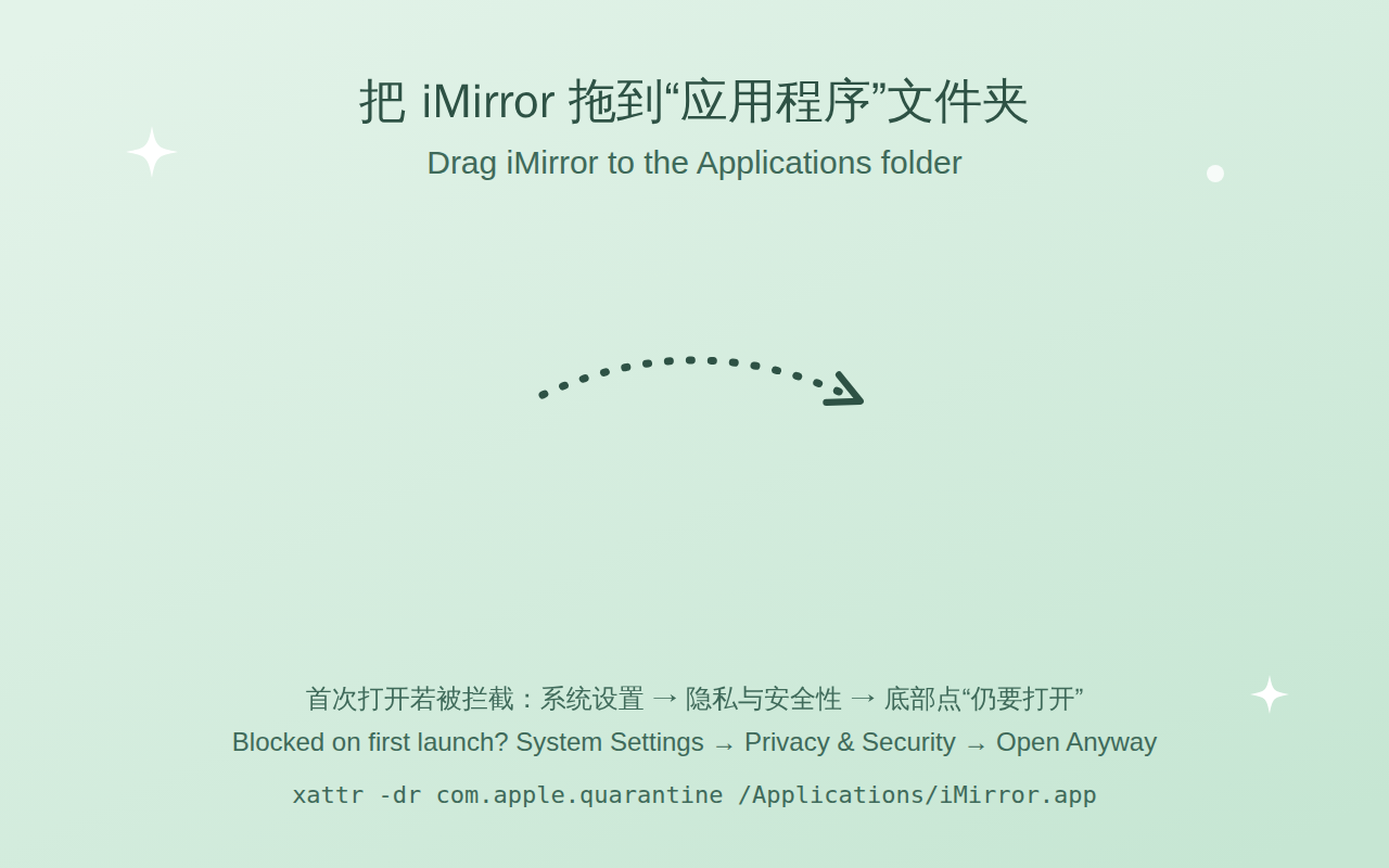dmg 安装窗口的背景图，写着“把 iMirror 拖到应用程序文件夹”和被拦截时的处理办法