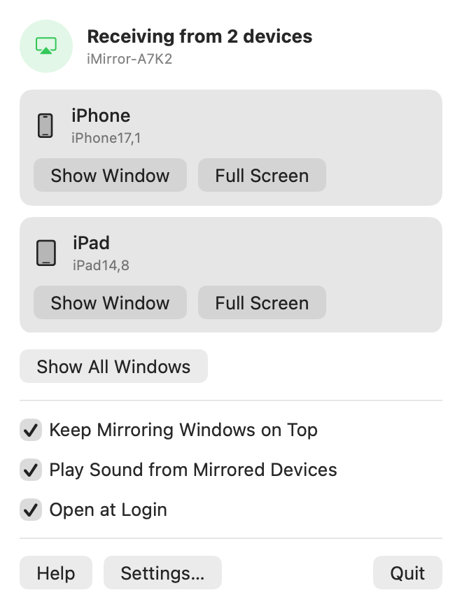 The iMirror menu receiving from an iPhone and an iPad, each with Show Window and Full Screen buttons